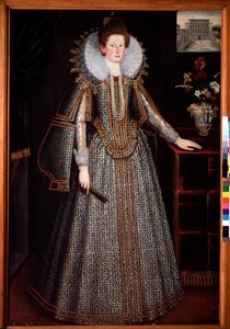 Portrét dámy z florentské šlechty Derriere ji reprezentace paláce Pitti, je oděna v bohatě paree a jahodovém límečku v charette kole (Portrét florentské dámy s volánkem z předkolu a bohatě zdobeným dr. od Italian School
