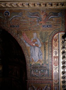 Prorok Jeremiáš a symboly evangelistů Jana a Lukáše Anonymní Mozaika 12. století Řím, kostel Santa Maria v Trastevere Itálie od Italian School