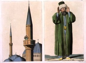 Veřejný muezzin a detail, deska 37 z části III, svazek I „Historie národů“, vyryl V. Raineri (akvatinta) od Italian School
