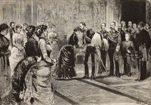 Královna Margherita a Umberto I. přijímají korunního prince Německa (budoucího Fridricha III.) v Quirinale, Řím, Itálie, rytina z kresby Dante Paolocci, z L
