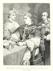 Raphael Sanzio, Le Pape Leon X, Jules de Medici a Cardinal de Rossi, Collection du Palais Pitti (rytina) od Italian School