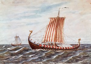 Rekonstrukce vikingských lodí z 10. století (barevné lito) od Italian School