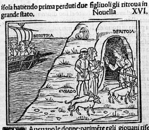Reet de Beritola. Ilustrace pro novinku 16 (Nová 6 druhého dne) „Dekameronu“ od Giovanniho Boccaccia dit Jean Boccaccia (1313-1375), italského spisovatele. Rytina v "" Decamerone ouer Cento nouelle "" Benátky, Bartolomeo de 