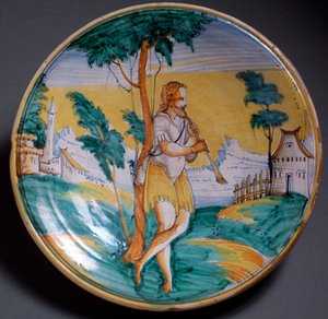Renesanční umění: deskový dekor hráče na flétnu (Flétnista) - konec 16. století Výroba Viterbo (Viterbo), Itálie Florencie, Museo Nazionale del Bargello od Italian School
