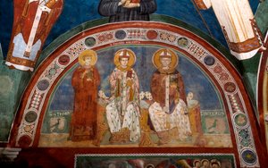 Znázornění svatého Štěpána, křesťanského mučedníka, svatého Tomáše Becketa (1118-1170), arcibiskupa z Canterbury a svatého Mikuláše z Myry nebo Bari (270-345) Anonymní freska (13. století) Dolní kostel. Klášter Saint Benedetto (Sacro Speco), Subiaco (Řím od Italian School