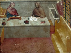 Reprezentace camerlingvisty, asistenta opisovače Anonymní malba na dřevě Biccherny (obálka účetního rejstříku města Siena) 1388. Siena Archivio di Stato, Itálie od Italian School