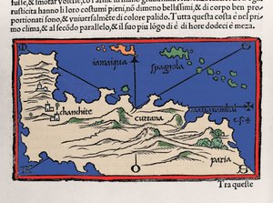 Zastoupení Karibských ostrovů a pobřeží Venezuely. Isolario (mapa ostrovů) od Benedetta Bordonea. Benátky 1547 od Italian School
