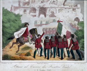 Risorgimento, Římská republika (Repubblica romana): Vojáci armády Giuseppe Garibaldiho na koních se 3. června 1849 pokusili dobýt zpět vilu Quattro Venti v Římě. Litografie Římské národní muzeum Risorgimento od Italian School