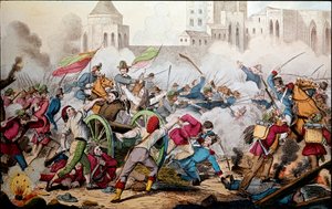 Risorgimento: Boje o Palermo 26. května 1860. Expedice tisíce (červené košile). Giuseppe Garibaldi (1807-1882) mezi Palermem a lidem v povstání se k němu připojil, aby bojoval s vojáky Bourbonského království v Neapoli. Rytina 19. ce od Italian School