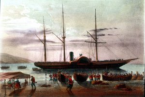 Risorgimento: odjezd 8.8.1860 Giuseppe Missoriho, důstojníka armády Giuseppe Garibaldiho (1807-1882), v detroitu Messina směrem k pevnosti Villa San Giovanni. Ilustrace 19. století od Italian School
