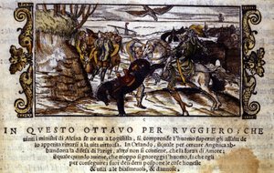 Ruggierovi se podaří uprchnout z ostrova Alcina a později zachrání Angeliku před orkem - Scéna z rytířské básně „Orlando Furioso“ od Ludovica Ariosta od Italian School