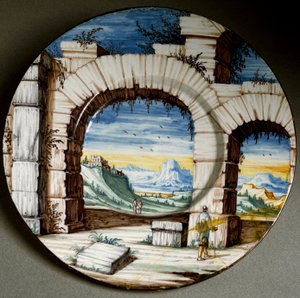Zřícenina a krajina. Keramický talíř vyrobený v Angarano, Itálie. Kolem roku 1650 Florencie, Národní muzeum Bargello od Italian School