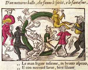 Sobotní obřad s čarodějnicemi. Rytina Olause Magnuse (1490 - 1557), švédského náboženského a geografa, „Historia de Gentis Septentrionalibus“, Benátky od Italian School