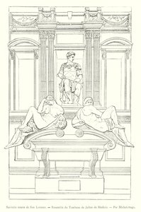 Nová sakristie San Lorenzo, soubor hrobky Giuliana de Medici, Michelangelo (rytina) od Italian School