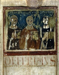 Svatý Jeroným, svatý Augustin (354-430) & Saint Gregoire I. Veliký (540-604), Detail z Diptychu Boece, c.487 (miniatura na slonovině) od Italian School