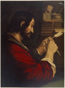Svatý Marek vyřezával pero - v „Klasické zlaté bibli: historie božského zjevení ve starověkém a novém úsilí“ od Giovanniho Ladislao Sykory (sv. 2), přeložil Don Clemente Benetti. (italská bible) od Italian School
