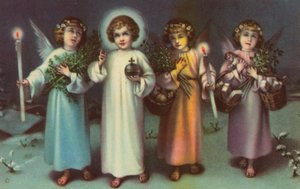 Svatý a andělé (barevná litografie) od Italian School