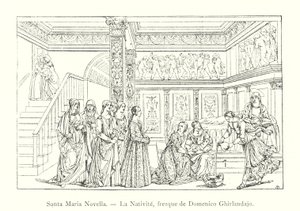 Santa Maria Novella, La Nativite, freska od Domenica Ghirlandajo (rytina) od Italian School