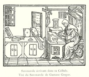 Savonarola píše ve své cele, ze Savonarola od Gustava Gruyera (rytina) od Italian School