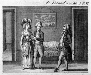 Scéna 5 z prvního dějství díla „La locandiera““ (1753) od Carla Goldoniho (1707-1793). Rytina 18. století od Italian School