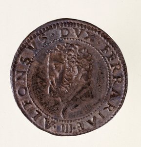 Stříbrná mince (teston) z Ferrary (Ferrara): vláda vévody Alfonse II d