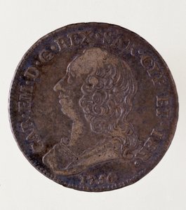 Stříbrná italská mince (půl ECU) ze Sardinského království: Vláda Carla Emmanuela III. Savojského (1701-1773). 1756. Průměr. 3,7 cm Neapol, archeologické muzeum od Italian School