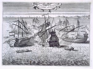 Potápění turecké válečné lodi, ilustrace z „Hodnoty Toskánska v nejvýznamnějších podnicích rytířů Santo Stefano“ od Fulvia Fontany, vyryto H. Vincentem, 1701 od Italian School