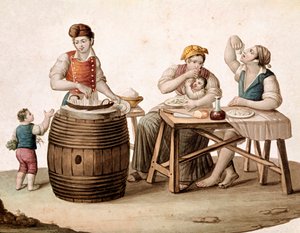 Malý neapolský metier: prodavač maccheroni, vedle něj rodina u stolu, která jí rukama - (starý obchod: prodavač maccheroni a zákazníci jedí italské těstoviny) Akvarel z 19. století Museo Nazionale di San Martino Neapol od Italian School