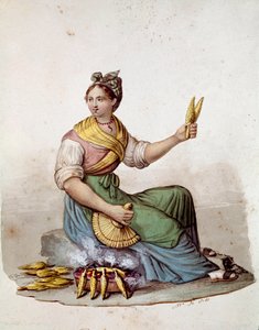 Malý neapolský metier: prodavačka kukuřičných grilů - (starý obchod: prodavač grilované kukuřice) Akvarel Museo Nazionale di San Martino Neapol z 19. století od Italian School