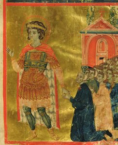 Někteří bratři se modlí ke svatému Theodorovi, z Mariegoly, 1350 (inkoust a zlatý list na pergamenu) od Italian School