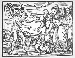 Čarodějové představující dítě ďáblovi, z Compendium Maleticarum od P. M. Guaccius (1608) ilustrovaný v historii magie publikované koncem 19. století od Italian School