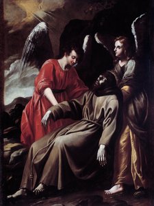 Svatý František z Assisi utěšovaný anděly poté, co přijal stigmata (Malba od Italian School