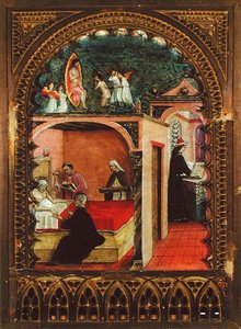 Svatý Jeroným ve své cele a sen sv. Jeronýma, kolem roku 1450 (olej na panelu) od Italian School