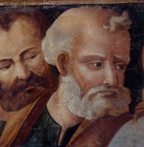 Sv. Petr, detail oltářního obrazu znázorňující Madonu s dítětem se svatými Petrem a Pavlem, 1540 (tempera na desce) od Italian School