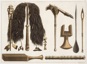 Tahitské nástroje a obřadní nástroje, ilustrace ze sbírky cestopisů z počátku 19. století od Italian School