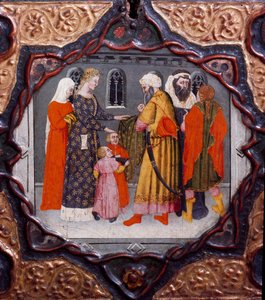Tenth day, ninth news: the day of Messer Torello and Saladin (1138-1193) (Salah al Din Yusuf al-Ayyubi (al Ayyubi). Painted box illustrating the “Decameron”” by Giovanni Boccaccio (Jean Boccaccio) (1313-1375). 15th century. Florence, Museo Nazionale del Ba od Italian School