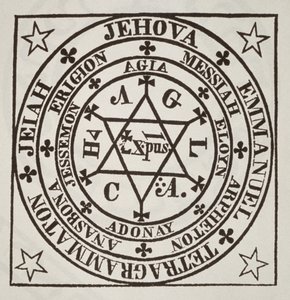 Velký magický kruh Agrippy pro evokaci démonů, kopie ilustrace z Les Oeuvres Magiques de Henri Corneille Agrippa, Řím 1744, použitá v Dějinách magie, publikovaných koncem 19. od Italian School