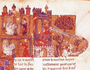 Řecký filozof Aristoteles (383-322 př. n. l.) učí své studenty morálce a pohrdání ženami (mysoginia) Miniaturu z italského rukopisu ze 14. století. Bibliotheque Inguimbertine Municipal de Carpentras. od Italian School
