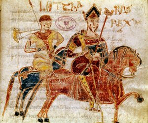 Král franků a poté Lotharia I (9. století) miniatura z „Codex Legum Longobardorum“ (nebo Langobardorum) popisující zákony lombardského království založeného králem Rotharim od Italian School
