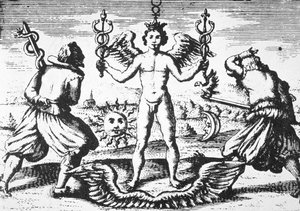 Rtuť filosofů z knihy Della Tramutatione Metallica od Giovanniho Battisty Nazariho (1589), ilustrovaná v dějinách magie vydané koncem 19. století. od Italian School