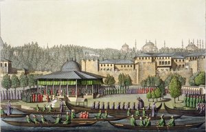 Prezentace admirála sultánovi, deska 14 z části III, svazek I Dějin národů, vyryl Giacomo Bussi, kolem roku 1820 (akvatinta) od Italian School