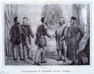 Usmíření Garibaldiho s generálem Cialdinim, ilustrace z Dějin Itálie od Italian School