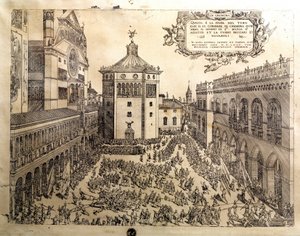 Býčí hostina na Velkém náměstí v Cremone (Cremona) v Itálii. Rytina 16. století Cremona, Museo Civico Itálie od Italian School