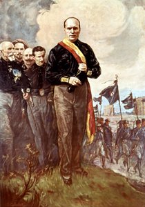 Pochod na Řím: Benito Mussolini kráčí směrem k Římu v černých košilích 28. 10. 1922 po (zmizelém) obrazu S. Galimbertiho. od Italian School