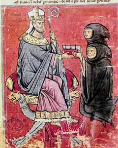 Mnich Benedetto da Bari (zastupující mladé i staré, aby naznačil, že psaní jeho díla zaměstnávalo celý jeho život) předal abbému Balsamovi (13. století), vůdci benediktinského opatství Cava de Tirreni, svůj kodex De Septem Sigillis na Re od Italian School