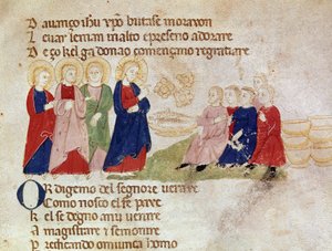 Násobení chlebů a ryb Miniatura převzatá z „“ Del novo e del vedre testamento““ od Pietra da Barsegape (13. století) Milán 14. století, Biblioteca Braidense od Italian School