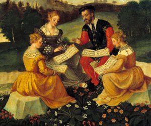 Vokální koncert Malba italské školy. 16. století. Bourges, Hotel Lallemant - Bukolický koncert. Malba italské školy. 16. století. Hotel Lallemant, Bourges, Francie od Italian School