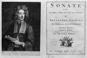 Titulní strana Sonate a Tre s portrétem Arcangela Corelliho (1653-1713) od Italian School