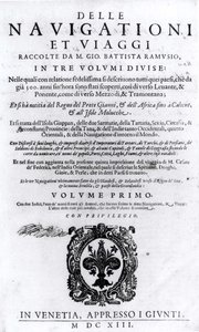 Titulní strana ke svazku I Delle Navigationi et Viaggi od Giovanniho Ramusia (1485-1557) vydaného 1613 od Italian School