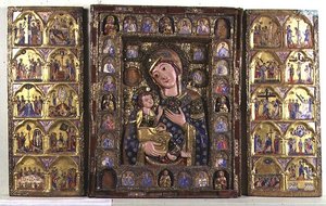 Triptych Madony s dítětem s evangelisty, proroky a výjevy z Kristova života (dřevo, stříbrný filigrán a smalt) od Italian School